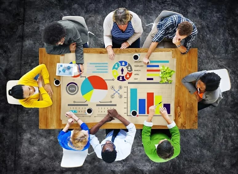 Group of business workers gathered a round a table to develop a strategic plan for the successful operation of their business